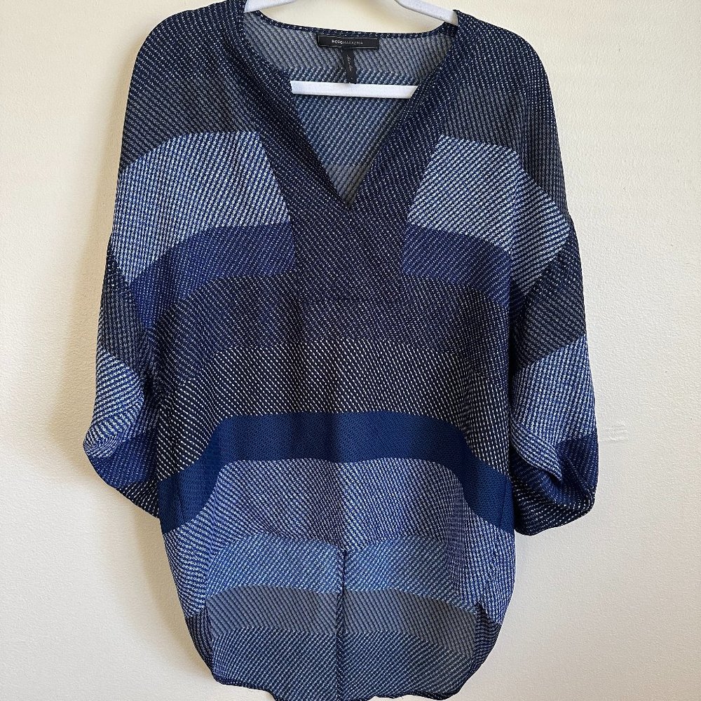 BCBG MaxAzria Navy Striped Tunic Blouse | Size M